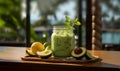 Avacado green smoothie on tropical location with ocean view.Green detox smoothie from avocado and baby spinach in a tall