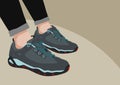 Modern sneakers on feet colored advertising poster