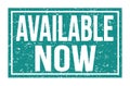 AVAILABLE NOW, words on blue rectangle stamp sign Royalty Free Stock Photo