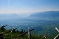 Avalanche barrier at Alpstein, Rhine valley and Austrian Alps in the background. St. Gallen, Switzerland.