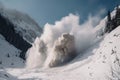 avalanche crashing down the side of a mountain, sending snow and debris flying