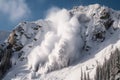 avalanche crashing down the side of a mountain, sending snow and debris flying