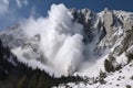 avalanche crashing down the side of a mountain, sending snow and debris flying