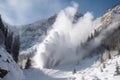 avalanche crashing down the side of a mountain, sending snow and debris flying