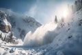 avalanche crashing down the sides of a mountain, with gleaming snow and ice in its path