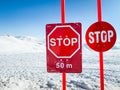 Avalanche danger sign post in snowy mountains in Georgia. Goderdzi winter resort in Georgia caucasus mountains