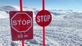 Avalanche danger sign posts in snowy mountains in Georgia. Goderdzi ski resort in high Adjara