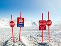 Avalanche danger top off piste sign posts in snowy mountains in Georgia. Goderdzi ski resort in high Adjara