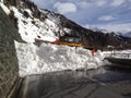 Avalanche snow removal work of blocked road by a truck in GraubÃÂ¼nden, Switzerland on a sunny day