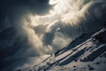 avalanches and snowstorms in the mountains, with dramatic clouds and sunlight filter through