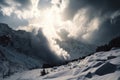 avalanches and snowstorms in the mountains, with dramatic clouds and sunlight filter through
