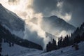 avalanches and snowstorms in the mountains, with dramatic clouds and sunlight filter through