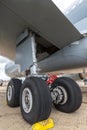 Close up view of the landing gear of a Royal Australian Air Force Airbus KC-30 Tanker aircraft.
