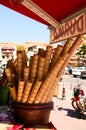 Close-up view of empty ice cream cone in the street shop. Waffle cones for making ice famous dondurma ice-cream