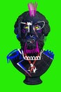 Avant-garde exhibition events. Antique statue bust with colorful drawings against neon green background. Modern