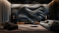 An avant-garde home theater with a 3D wall pattern resembling sound waves