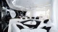 An avant-garde living room showcases chic, streamlined furniture, modern LED strip lighting, a stark black and white Royalty Free Stock Photo