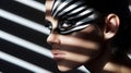 Avant garde makeup model in bold expression against stark geometric backdrop with dramatic lighting