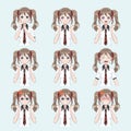 Avatar anime manga girls schoolgirl, in Japanese style to the waist. Set of emotions of falling in love, sadness anger Royalty Free Stock Photo