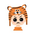 Avatar of boy with angry emotions, grumpy face, furious eyes in tiger hat