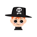 Avatar of boy with red hair, emotions of suspicious, displeased face in hat with skull.