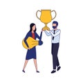 Avatar business man holding a trophy and woman holding a light bulb