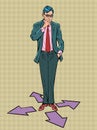 The avatar businessman is thinking where to go, right, left, forward or backward. Computer character