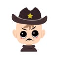 Avatar of child with angry emotions, grumpy face, furious eyes in sheriff hat with yellow star