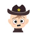 Avatar of child with emotions panic, surprised face, shocked eyes in sheriff hat with yellow star Royalty Free Stock Photo