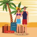 Avatar couple with suitcases at the beach