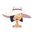 Avatar of a crying woman with tears, black short hair, a sad face, glasses and a summer hat with depressive emotions Royalty Free Stock Photo