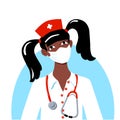 Avatar dark skinned girl in a nurse costume for carnival. Cap with a cross face mask robe and stethoscope. Brunette with