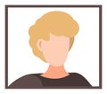 Avatar of faceless young blond man in frame, cartoon vector character, guy portrait, user of website