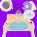 Video chat with a man. Breakfast top view concept