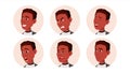 Avatar Icon Man Vector. Black. African. Facial Emotions. Round Portrait. Cute Employer. Happiness, Unhappy. Beauty