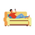 Avatar lying man on couch using a cellphone, colorful design