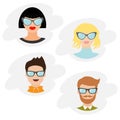 Avatar people icon set. Cute cartoon character. Diverse face collection. Men women wearing eyeglasses.. Male female head with sung