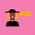 Avatar of smiling priest with hat and bubble. Simple character talking. Royalty Free Stock Photo