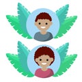 Avatar in social network. Young man and woman in circle. Trend blue and green tropical leaves. Happy character