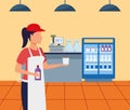 Avatar supermarket worker giving a cup sample, colorful design Royalty Free Stock Photo