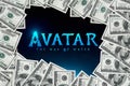 Avatar the way of water logo in frame of dollars. Moscow, Russia - December 19, 2022. Royalty Free Stock Photo