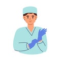 Avatar of young smiling doctor putting on gloves. Portrait of friendly surgeon in medical scrubs and cap. Flat vector