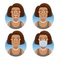 Avatars for business and social media accounts set. Swarthy fluffy hairstyle girl, various emotions. Medical mask, the COVID-19