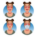 Avatars for business and social media accounts set. Woman in red lenses glasses. Various emotions. Medical mask, the COVID-19