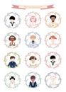 Avatars of cute boys and girls dressed in communion clothes surrounded by flowers wreath