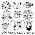 Avatars funny animal faces Hedgehog Bear Fish Jellyfish Lion Owl Walrus Elephant Zebra. Vector illustration