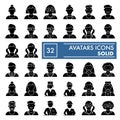 Avatars glyph icon set, character symbols collection, vector sketches, logo illustrations, user signs solid pictograms
