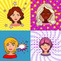 Avatars in pop art style. Set of beautiful girls. Bright vector