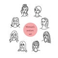 Avatars portraits of a young womans with beautiful hair and a smile in a hand drawn doodle style. set of elements Royalty Free Stock Photo