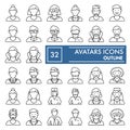 Avatars thin line icon set, character symbols collection, vector sketches, logo illustrations, user signs linear Royalty Free Stock Photo